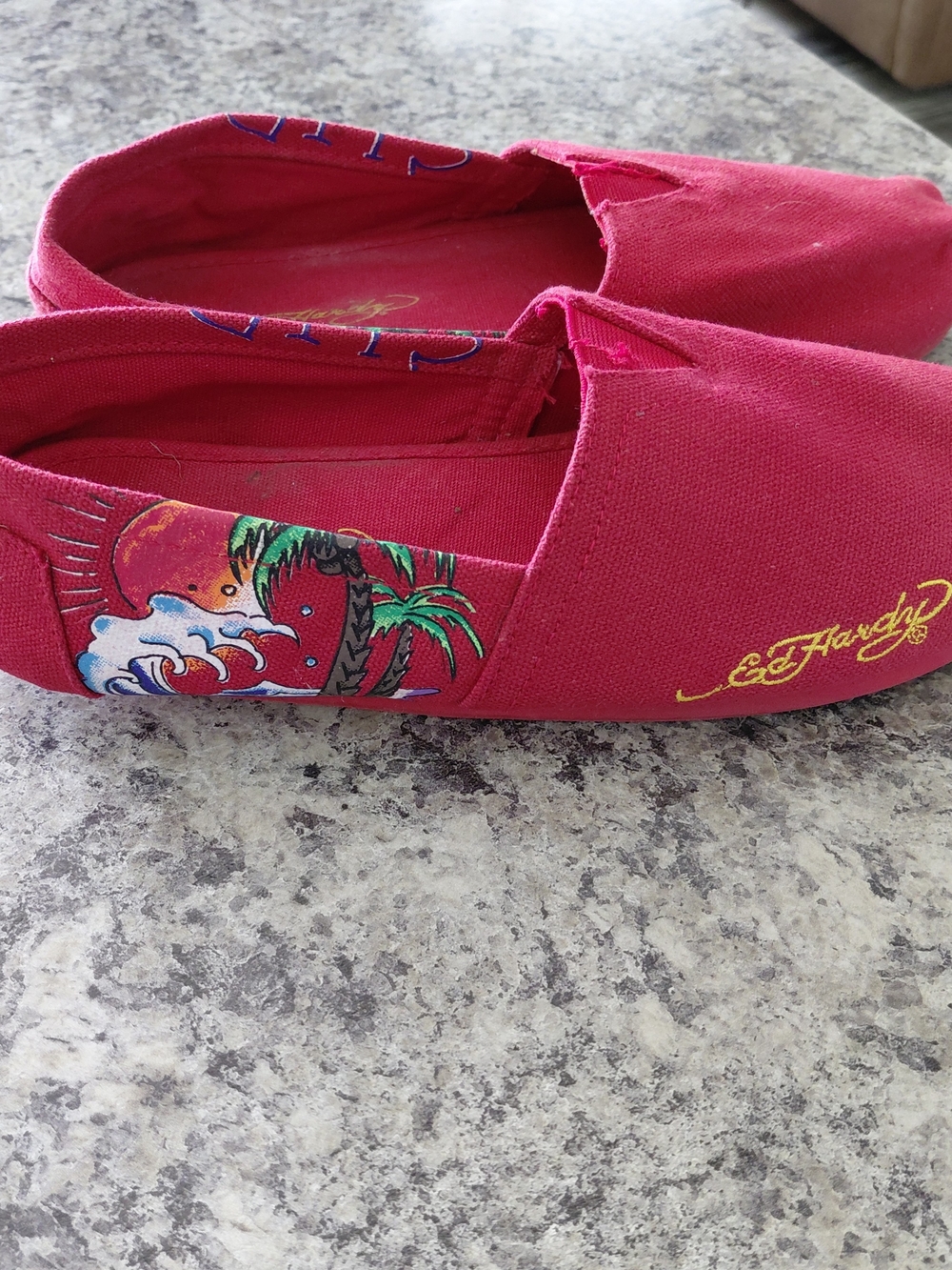 Ed Hardy Red Canvas Slip-On Shoes with Tropical Print